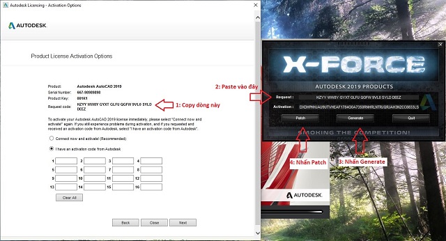 Chạy file "xf-adsk2019" dưới quyền admin, sao chép Request code và Patch Chạy file "xf-adsk2019" dưới quyền admin, sao chép Request code và Patch