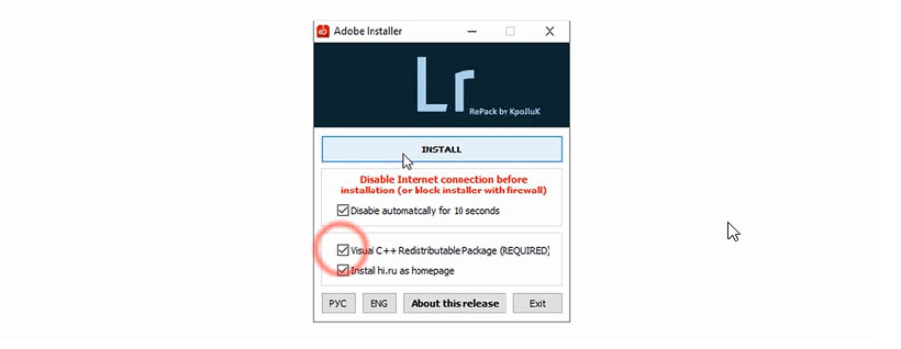 Nhấn chọn vào mục Install để cài đặt Adobe Lightroom 2019 Nhấn chọn vào mục Install để cài đặt Adobe Lightroom 2019